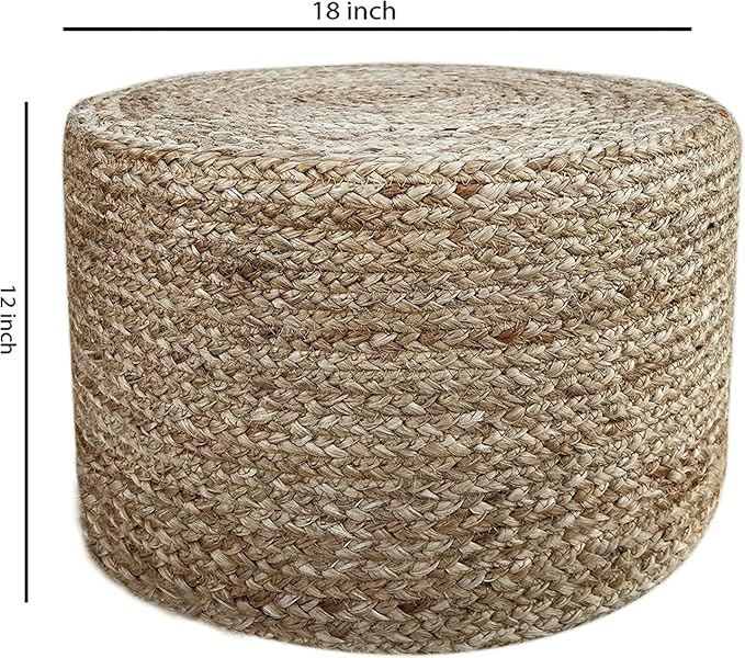 Jute Pouf Ottoman | Footrest Pouf | Hand Braided - Round Boho Pouffe - for Living Room, Bedroom, Nursery (18"x18"x12") Natural