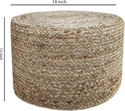 Jute Pouf Ottoman | Footrest Pouf | Hand Braided - Round Boho Pouffe - for Living Room, Bedroom, Nursery (18"x18"x12") Natural