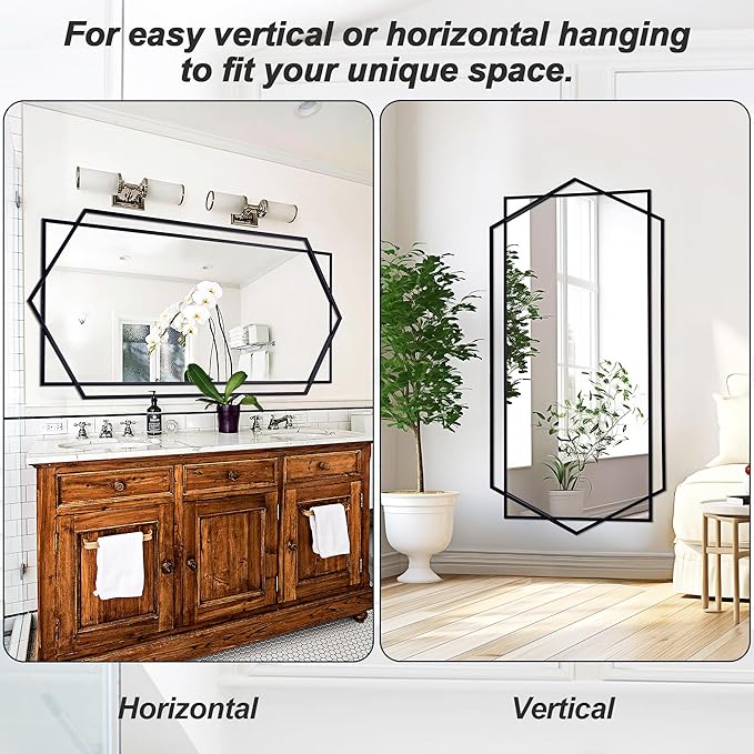 Black Wall Mirror for Decor, 30"x59" Decorative Living Room Mirror, Small Bathroom Mirror with Metal Frame, Modern Hexagon Mirror for Dining Room, Entrance