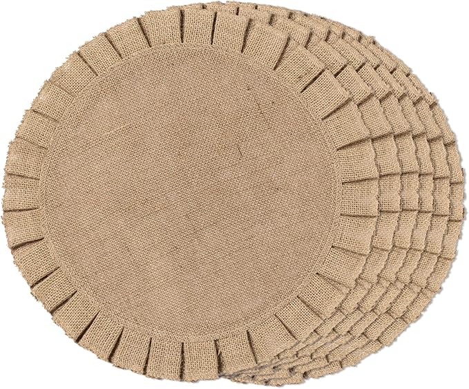 FunWheat Burlap Round Braided Placemats Set of 6 for Dining Tables 15 Inch Heat Resistant Jute Table Mats Farmhouse Woven Fabric Natural Place mats for Decoration(Ruffled Lace)