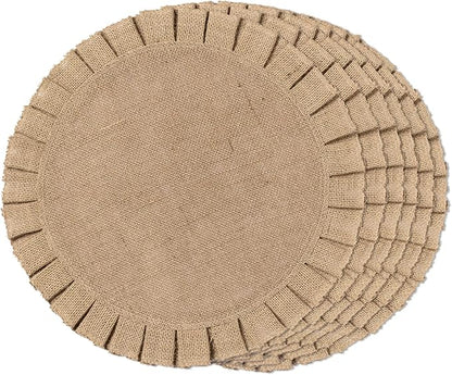 FunWheat Burlap Round Braided Placemats Set of 6 for Dining Tables 15 Inch Heat Resistant Jute Table Mats Farmhouse Woven Fabric Natural Place mats for Decoration(Ruffled Lace)
