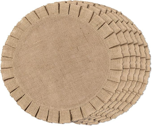 FunWheat Burlap Round Braided Placemats Set of 6 for Dining Tables 15 Inch Heat Resistant Jute Table Mats Farmhouse Woven Fabric Natural Place mats for Decoration(Ruffled Lace)