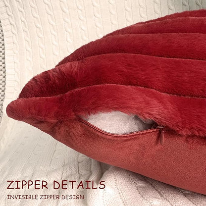 2 Pack 12x20 Pillow Cover Velvet Pillow Covers, Faux Fur Oblong Throw Pillow Covers for Living Room Decorations Throw Pillow Case, Throw Pillow Cover Cushion Cover for Sofa Bedroom Car, Burgundy Red