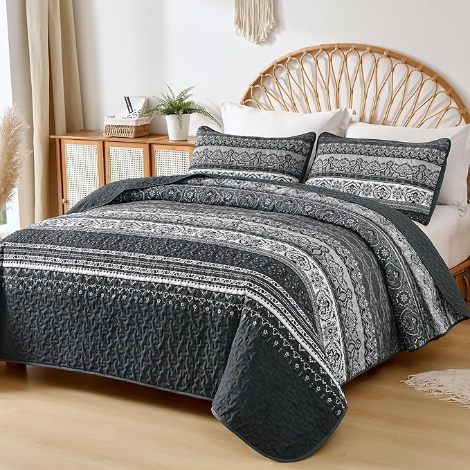 WONGS BEDDING Boho Queen Quilt Set, Black Bohemian Quilt Bedding Set, Lightweight Bed Decor Bedspread for All Season Reversible Microfiber Coverlet Bedding Set 96"x90"(3 Pieces)