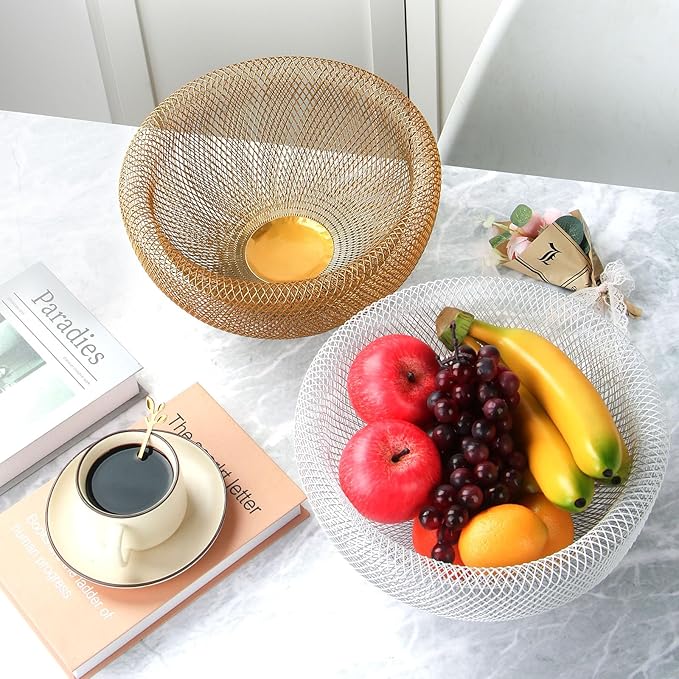 IBWell White Metal Mesh Double-layer Fruit Basket, Large Round Storage Baskets for Bread, Metal Wire Bread Fruit Bowl Vegetable Stand Holder for Snacks, Modern Fruit Bowl Decorate Kitchen Counter