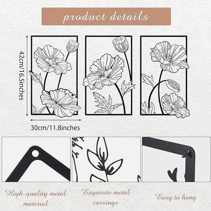 Therwen 3 Pcs Black Metal Wall Art Minimalist Wall Decor for Bedroom Flowers Decor Hanging Flower Bathroom Art Flower Line Sculpture Kitchen Decoration 16.5 x 9.8 Inch