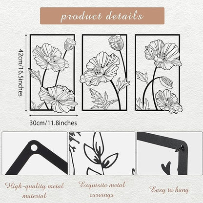 Therwen 3 Pcs Black Metal Wall Art Minimalist Wall Decor for Bedroom Flowers Decor Hanging Flower Bathroom Art Flower Line Sculpture Kitchen Decoration 16.5 x 9.8 Inch