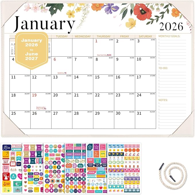 Ospelelf Desk Calendar 2026-2027 Wall Monthly Planner 12"x17" Leather Pad with Protective Cover 18 Months January 2026 - June 2027 White Floral