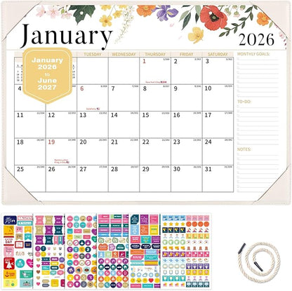 Ospelelf Desk Calendar 2026-2027 Wall Monthly Planner 12"x17" Leather Pad with Protective Cover 18 Months January 2026 - June 2027 White Floral