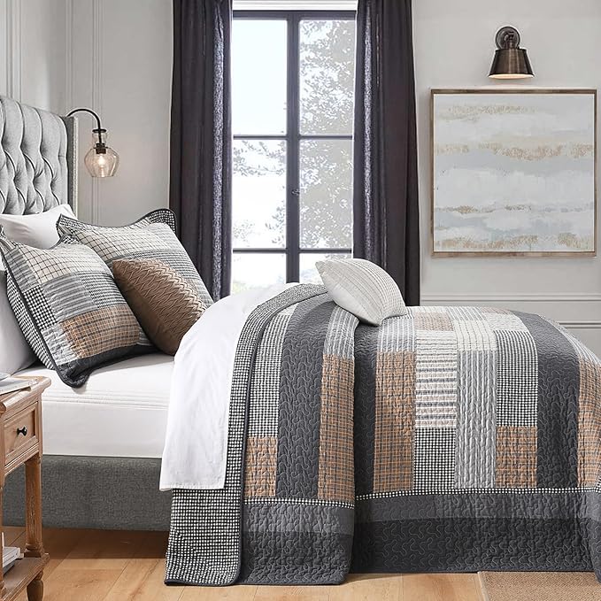 128"x120" Cotton Oversized King Bedspread Coverlet, Gray Plaid Extra Large Quilt Set with Pillow Shams, Lightweight Farmhouse Reversible Quilted Bedspreads, All Season, 3 Piece