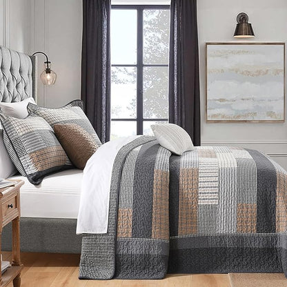 128"x120" Cotton Oversized King Bedspread Coverlet, Gray Plaid Extra Large Quilt Set with Pillow Shams, Lightweight Farmhouse Reversible Quilted Bedspreads, All Season, 3 Piece