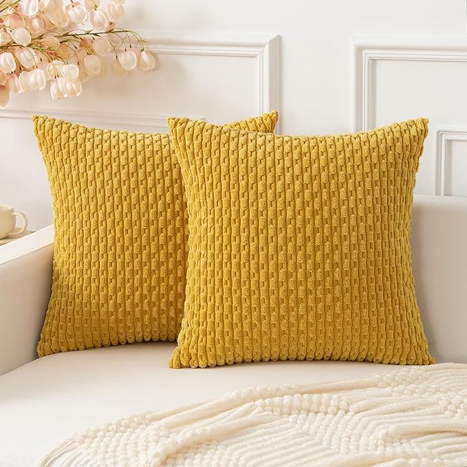 Kevin Textile Throw Pillow Covers Soft Corduroy Decorative Set of 2 Boho Striped Pillow Covers Pillowcases Farmhouse Home Decor for Couch Bed Sofa Living Room 24x24 Inch Mustard Yellow