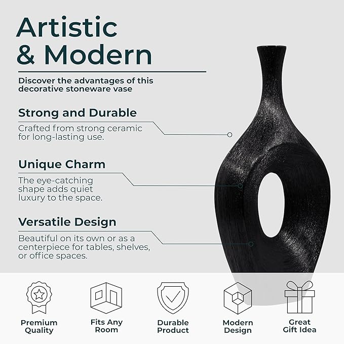 Decorative Flower Vase for Home Decor – Tall Ceramic Vase with Open Cut Design, Stylish Table Centerpiece for Living Room or Entry Display, Modern Accent for Faux Flowers and Greenery – 19", Black
