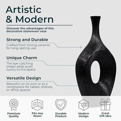Decorative Flower Vase for Home Decor – Tall Ceramic Vase with Open Cut Design, Stylish Table Centerpiece for Living Room or Entry Display, Modern Accent for Faux Flowers and Greenery – 19", Black