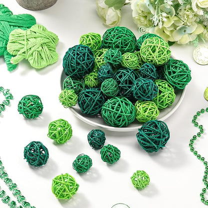 Patelai 36 Pcs Wicker Rattan Balls Decorative Balls for Vase Centerpiece Bowls Orbs Filler for Home Decor,4 Sizes (Dark Green, Grass Green, Fluorescent Green,2.4'',2'',1.6'',1.2'')