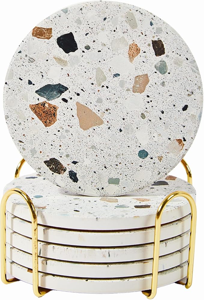 Terrazzo Drink Absorbent Coasters with Holder Set of 6, Ceramic Coaster for Drinks, Coffee Table Decor, Water Absorbing Stone Coaster for Drinks (Granite)