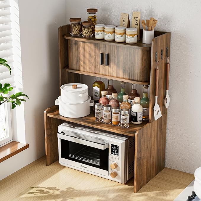 Microwave Stand with Storage, 31 x 23 Inch Mid Century Modern Kitchen Countertop Organizer, Over Fluted Microwave Counter Shelf Rack with Sliding Door, Space Saving, Wooden, Walnut