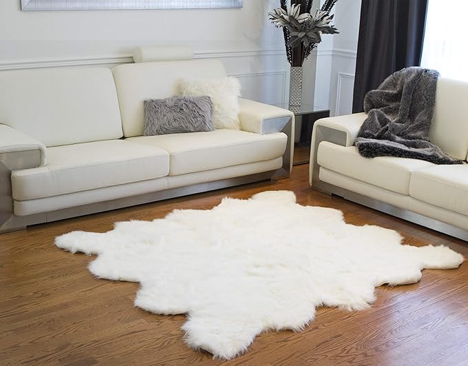 Luxe Gordon Faux Fur Rug with Soft and Fluffy Pile | Machine Washable Living Room Rug with Anti-Slip Backing | Cruelty-Free Area Rugs for Office or Bedroom, White, 6 ft x 6 ft