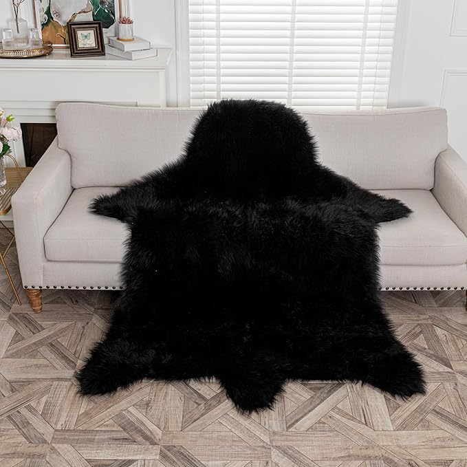 Black Bear Rug Faux Cowhide Rug Animal Print Area Rug Faux Sheepskin Fur Carpet Decor for Living Room 5.1x6.1 Feet