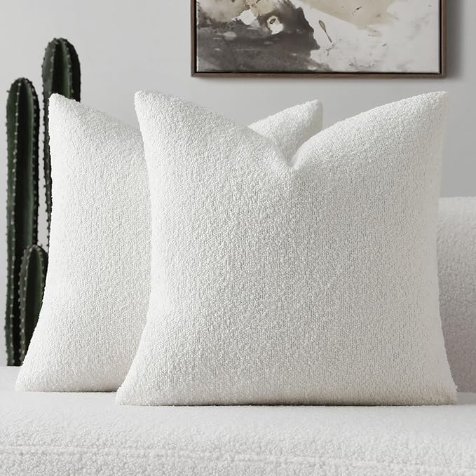 FUTEI Christmas Pack of 2 White Decorative Throw Pillow Covers 24x24 Inch Soft Cozy Solid Boucle Textured European Cushion Case,Modern Home Decor for Couch Bed Living Room