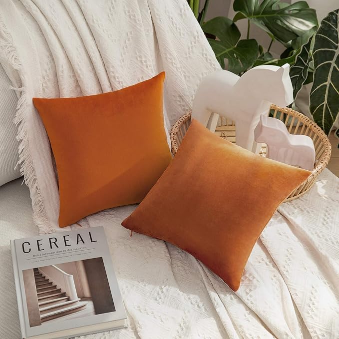 MIULEE Velvet Throw Pillow Covers 12x12 Inch, Pack of 2 - Orange, Soft Solid Small Decorative Pillow Covers Modern Luxury Home Decor for Couch Chair Sofa Bedroom Livingroom Car
