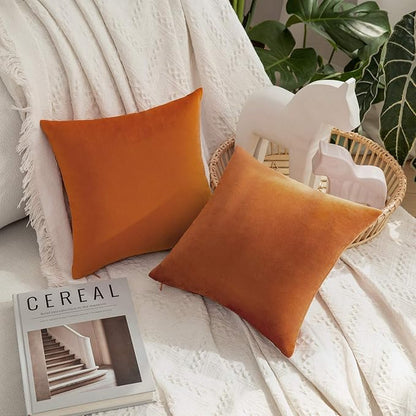 MIULEE Velvet Throw Pillow Covers 12x12 Inch, Pack of 2 - Orange, Soft Solid Small Decorative Pillow Covers Modern Luxury Home Decor for Couch Chair Sofa Bedroom Livingroom Car