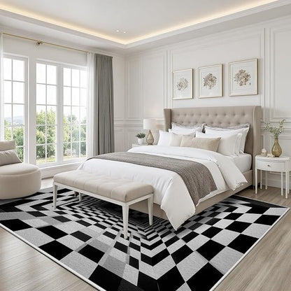 Optical Illusion Rug - Black and White Rug for Living Room, Soft Ultra Soft Faux Wool 7x9 Area Rugs Floor Mats, Non Slip&Non-Shedding Low Pile Checkered Washable Rugs, Abstract Geometric Carpet