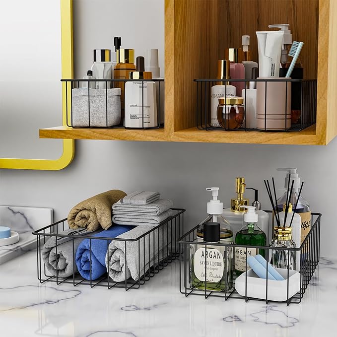 Joben Oligey 9 PACK (3 Szie) Small Wire Storage Baskets for Organizing,Pantry Organization Bins for Cabinets, Metal Basket for Kitchen, Bathroom Organizer (Black-9)