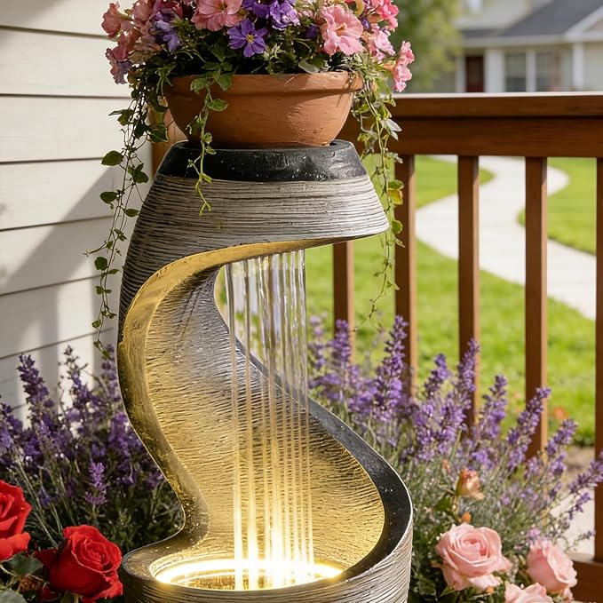 37.9”H Garden Outdoor Water Fountain, Modern Waterfall Fountain Water Feature with Lights for Patio, Backyard & Garden