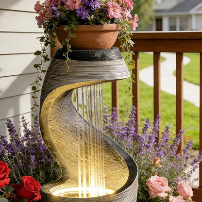 37.9”H Garden Outdoor Water Fountain, Modern Waterfall Fountain Water Feature with Lights for Patio, Backyard & Garden