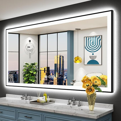72x40 Inch Black Framed LED Bathroom Mirror with Lights, Backlit & Front Lit, Anti-Fog Lighted Vanity Mirrors for Bathroom Wall, Dimmable, 3-Color Light, Memory, Shatter-Proof, Tempered Glass