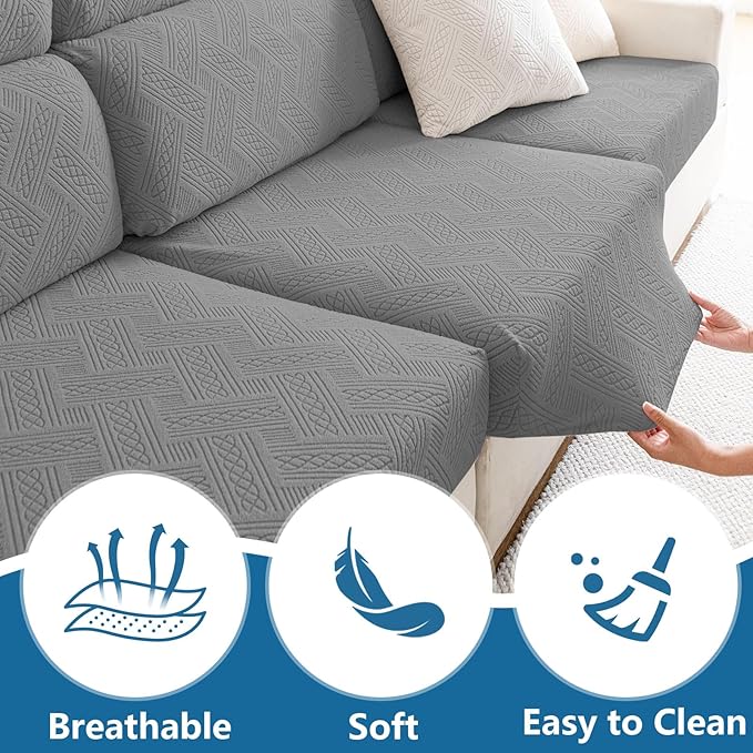 hyha Waterproof Couch Cushion Covers for Sectional Sofa, Sofa Slipcover Washable, Sectional Chaise Lounge Couch Covers L Shape for Pets with Elastic Bottom(Chaise, Grey)