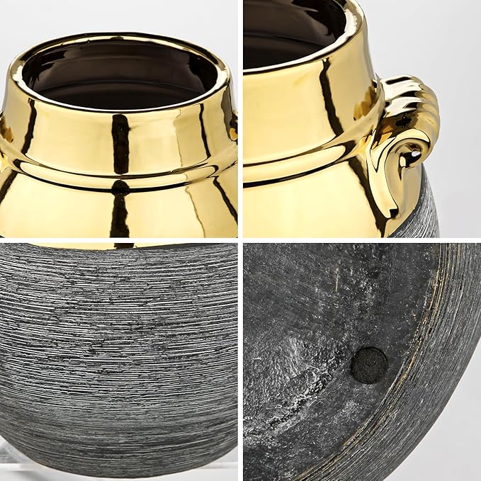 Rustic Ceramic Vase with Gold Rim and Ears – 9" Decorative Flower Vases for Living Room, Dining Table Centerpiece & Shelf Décor – Modern Farmhouse, Boho & Contemporary Home Accents