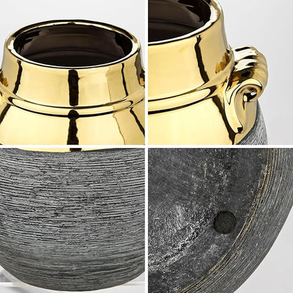 Rustic Ceramic Vase with Gold Rim and Ears – 9" Decorative Flower Vases for Living Room, Dining Table Centerpiece & Shelf Décor – Modern Farmhouse, Boho & Contemporary Home Accents