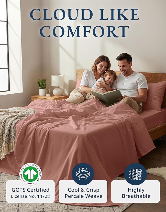 LANE LINEN 100% Organic Cotton California King Sheets Set, 4-Piece Pure Organic Cotton Long Staple Percale Weave Soft Best Bedding Sheets for Bed, Breathable, Fits Mattress Upto 15" Deep - Rose Dawn