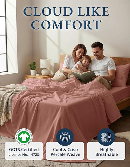 LANE LINEN 100% Organic Cotton Fully Elasticized King Sheet Set, Low Pilling Fade Resistant Machine Washable Naturally Cooling King Bedding Set, Mercerized Soft & Comfy Cotton Sheets – Rose Dawn