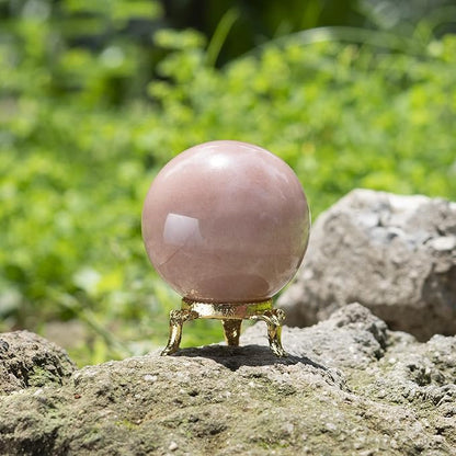 Crocon 45mm Pink Agate Stone sphere Ball with Metal Stand 1400+ Carats Gemstone Ball Healing Sphere Sculpture Figurine for Fengshui Divination Home Decoration Photography Crystal Sphere