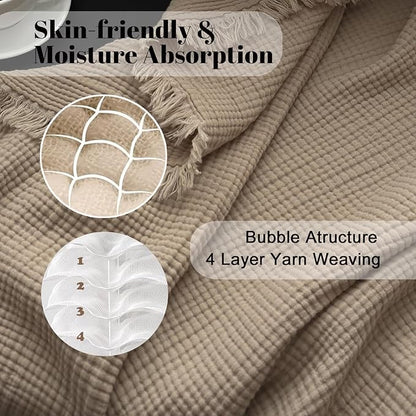 MorroMorn 100% Cotton Muslin Throw Blanket with Fringes 50"x60", 4-Layer Gauze Blankets for Adults, Boho Bedding Breathable Lightweight Ultra-Soft Farmhouse Decor for Couch Bed All Seasons, Khaki