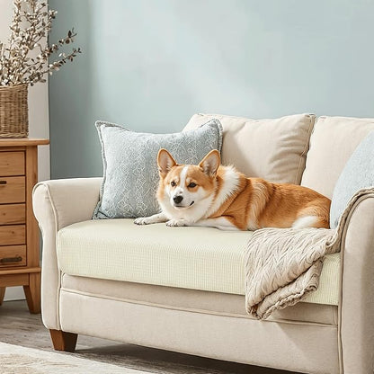 CHUN YI Medium Couch Cushion Cover Stretch for Loveseat, Sofa Seat Slipcovers for Pets, Suitable for Armchair Loveseat Sofa with Spandex Jacquard Washable Fabric(Medium,Ivory White/Cream)