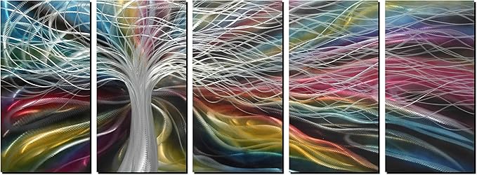 Unique Metal Wall Art with Colorful Fantastic Tree Design, Abstract Modern and Contemporary Décor, Metal Wall Sculpture, Silver Aluminum Artwork, Indoor and Outdoor decoration, 5 panels 64"x24"