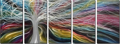 Unique Metal Wall Art with Colorful Fantastic Tree Design, Abstract Modern and Contemporary Décor, Metal Wall Sculpture, Silver Aluminum Artwork, Indoor and Outdoor decoration, 5 panels 64"x24"