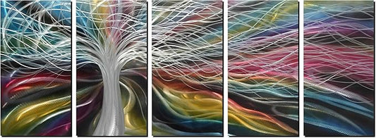 Unique Metal Wall Art with Colorful Fantastic Tree Design, Abstract Modern and Contemporary Décor, Metal Wall Sculpture, Silver Aluminum Artwork, Indoor and Outdoor decoration, 5 panels 64"x24"