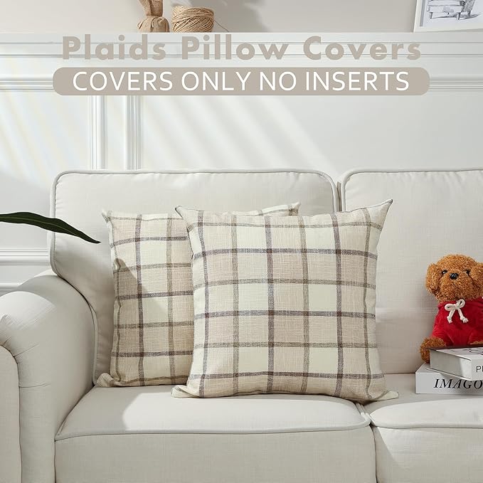 Stellhome Fall Linen Buffalo Check Throw Pillow Covers, Autumn Farmhouse Plaid Decorative Cushion Covers for Couch Sofa Living Room, Pack of 2, 18x18 Inch, Beige