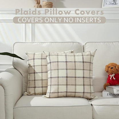 Stellhome Pack of 2 Fall Linen Buffalo Check Decorative Throw Pillow Covers, Farmhouse Plaid Cushion Covers Rustic Retro Decor for Couch Sofa Living Room, 24x24 Inch, Beige