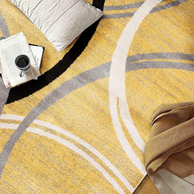 Rugshop Wavy Circles Design Area Rug, Carpet with Jute Backing for Living Room, Bedroom, or Dining Room, Yellow, 5'3" x 7'3"