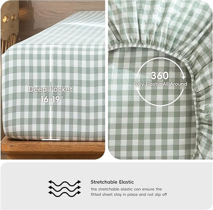 MooMee Gingham Sheet Set 100% Washed Cotton Linen Like Textured Breathable Soft w/Fully Elasticized 16-19" Deep Pocket (Classic Gingham Sage Green, Queen)