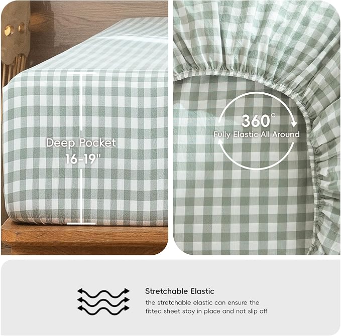 MooMee Gingham Sheet Set 100% Washed Cotton Linen Like Textured Breathable Soft w/ Fully Elasticized 16-19" Deep Pocket (Classic Gingham Sage Green, King)