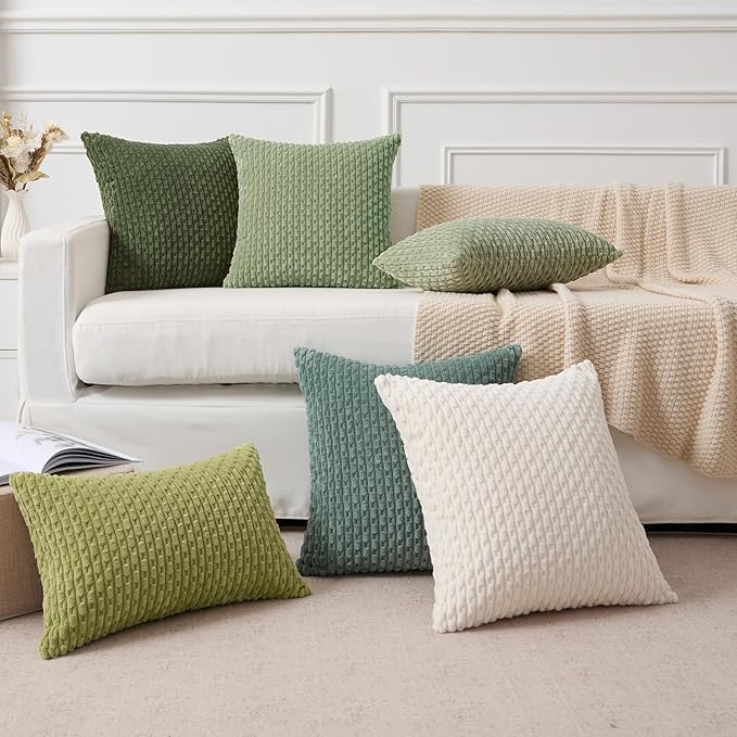 Kevin Textile 2 Packs Spring Decorative Throw Pillow Covers 16x16 Inch for Living Room Couch Bed Sofa Soft Striped Corduroy Square Cushion Case 40x40 cm Farmhouse Boho Home Decor Sage Green