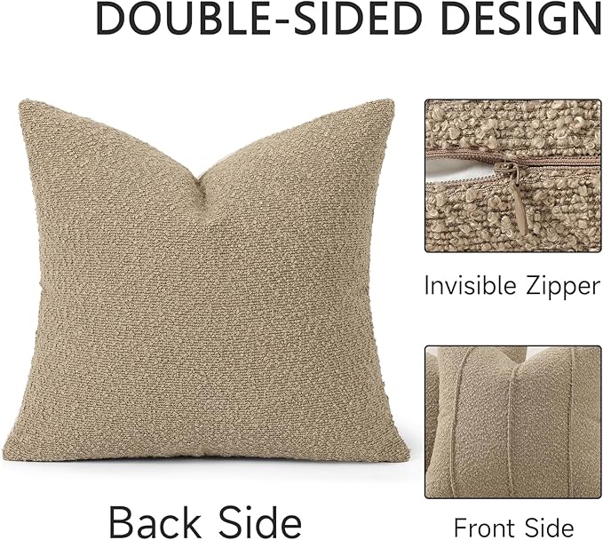 YCOLL Textured Boucle Throw Pillow Covers 18x18 Pack of 2 - Soft Neutral Striped Cushion Covers, Cozy Accent Decorative Pillow Covers for Couch, Sofa, Bed, Living Room (Taupe)
