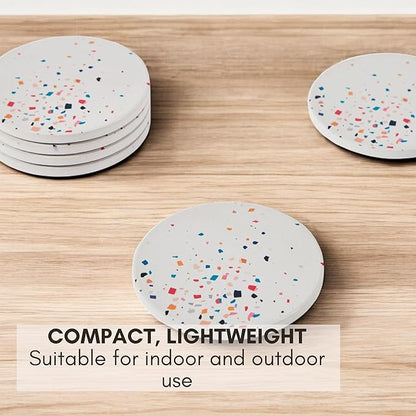 Terrazzo Drink Absorbent Coasters with Holder Set of 6, Ceramic Coaster for Drinks, Coffee Table Decor, Water Absorbing Stone Coaster for Drinks (Color Burst)